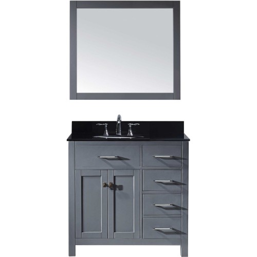 Caroline Parkway 36" Single Bathroom Vanity in Grey with Black Galaxy Granite Top and Round Sink with Mirror
