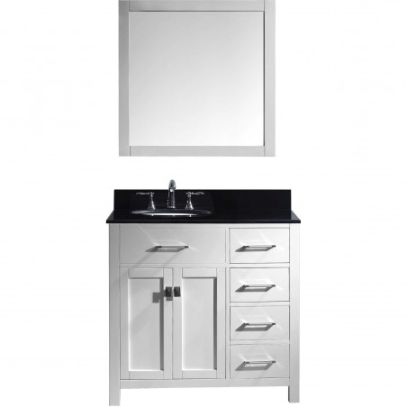 Caroline Parkway 36" Single Bathroom Vanity in White with Black Galaxy Granite Top and Round Sink with Mirror