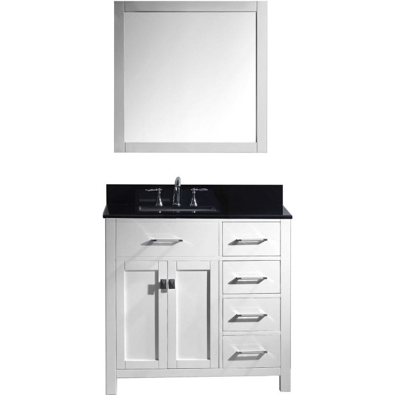 Caroline Parkway 36" Single Bathroom Vanity in White with Black Galaxy Granite Top and Round Sink with Mirror