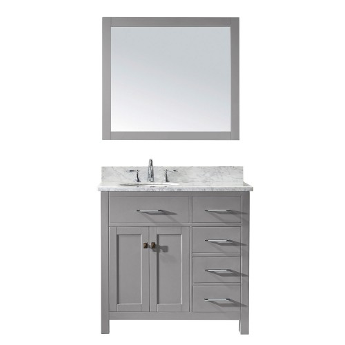 Caroline Parkway 36" Single Bathroom Vanity in Cashmere Grey with Marble Top and Round Sink with Mirror