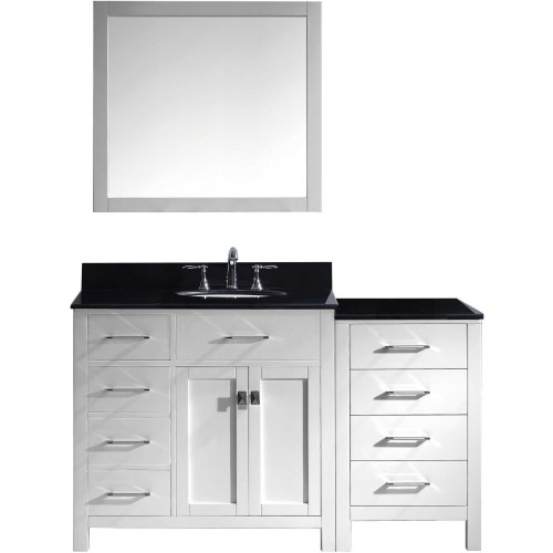 Caroline Parkway 57" Single Bathroom Vanity in White with Black Galaxy Granite Top and Round Sink with Mirror