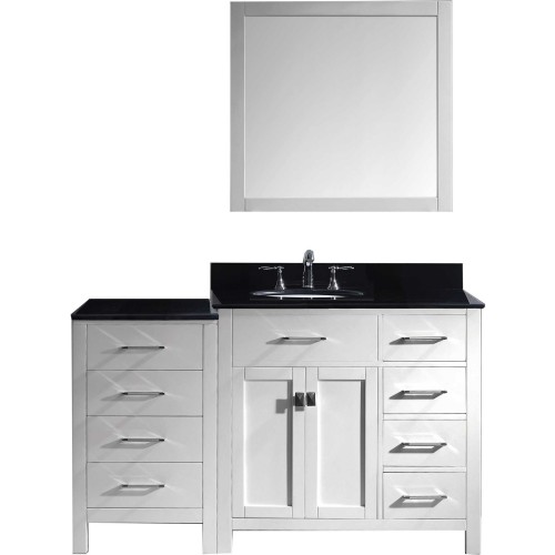 Caroline Parkway 57" Single Bathroom Vanity in White with Black Galaxy Granite Top and Round Sink with Mirror