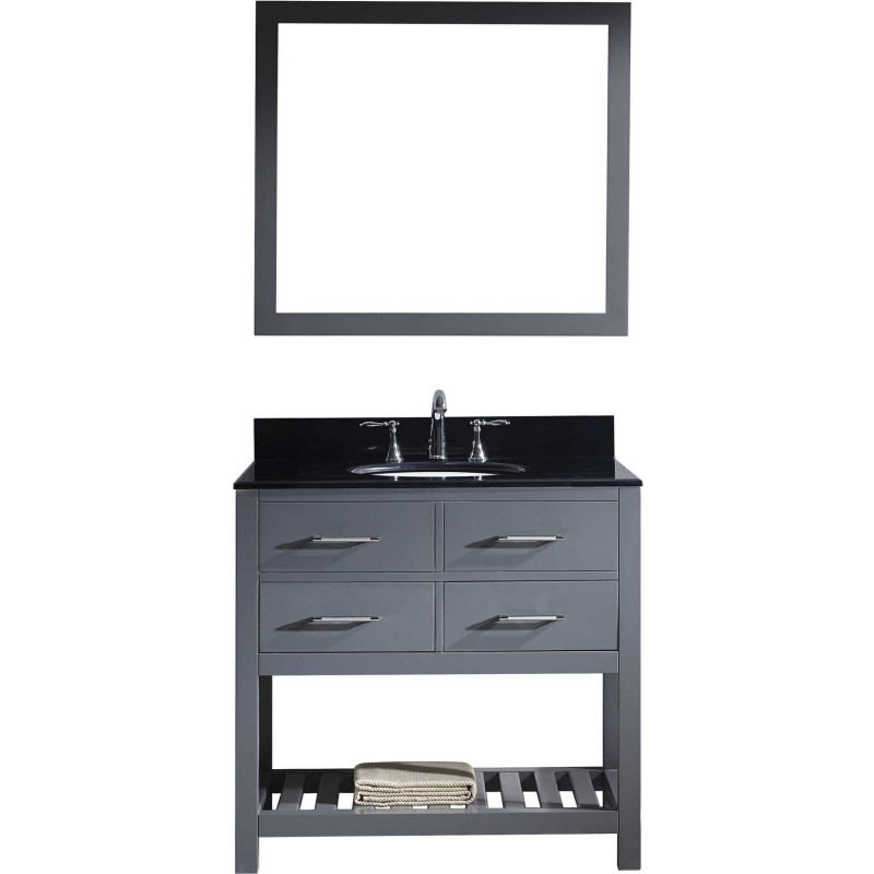 Caroline Estate 36" Single Bathroom Vanity in Grey with Black Galaxy Granite Top and Round Sink with Mirror