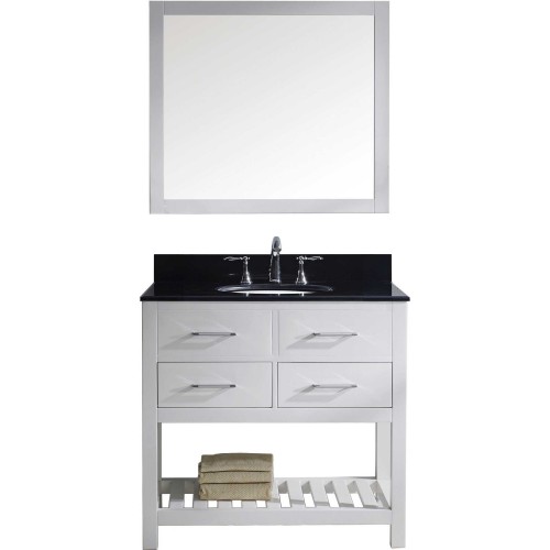 Caroline Estate 36" Single Bathroom Vanity in White with Black Galaxy Granite Top and Round Sink with Mirror