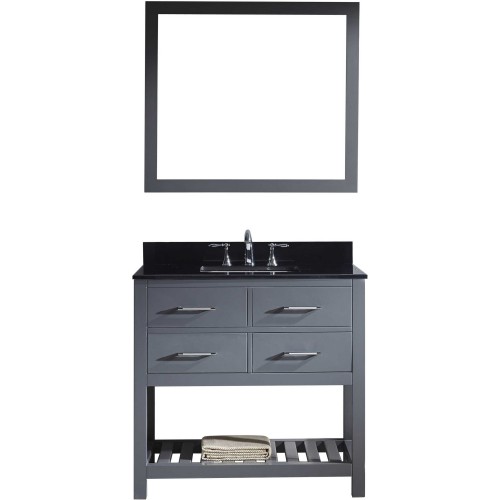 Caroline Estate 36" Single Bathroom Vanity in Grey with Black Galaxy Granite Top and Square Sink with Mirror