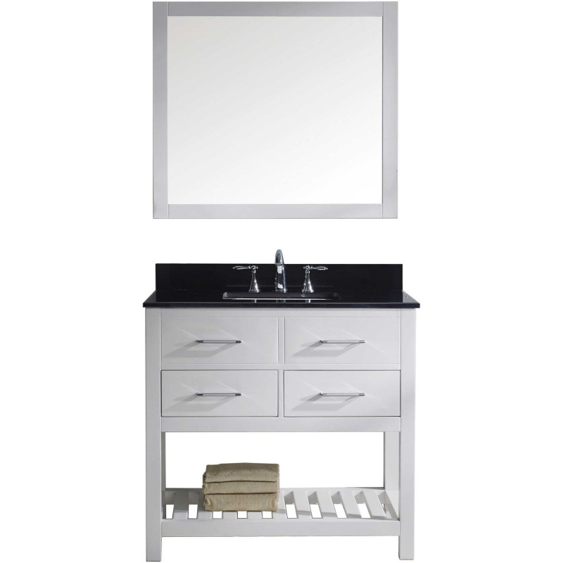 Caroline Estate 36" Single Bathroom Vanity in White with Black Galaxy Granite Top and Square Sink with Mirror