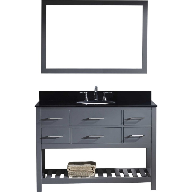 Caroline Estate 48" Single Bathroom Vanity in Grey with Black Galaxy Granite Top and Round Sink with Mirror