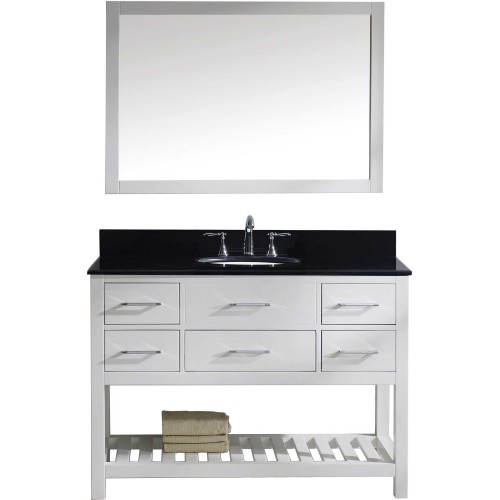 Caroline Estate 48" Single Bathroom Vanity in White with Black Galaxy Granite Top and Round Sink with Mirror
