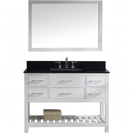 Caroline Estate 48" Single Bathroom Vanity in White with Black Galaxy Granite Top and Square Sink with Mirror