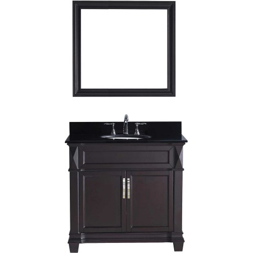 Victoria 36" Single Bathroom Vanity in Espresso with Black Galaxy Granite Top and Round Sink with Mirror