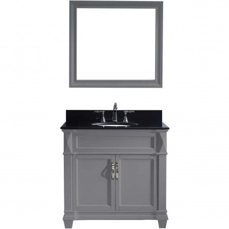 Victoria 36" Single Bathroom Vanity in Grey with Black Galaxy Granite Top and Round Sink with Mirror