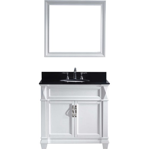 Victoria 36" Single Bathroom Vanity in White with Black Galaxy Granite Top and Round Sink with Mirror