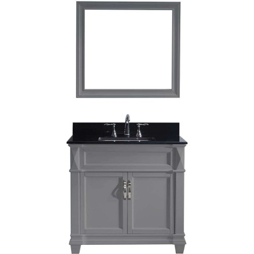 Victoria 36" Single Bathroom Vanity in Grey with Black Galaxy Granite Top and Square Sink with Mirror