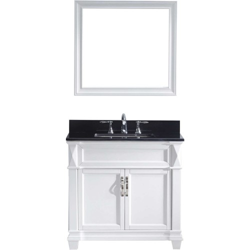 Victoria 36" Single Bathroom Vanity in White with Black Galaxy Granite Top and Square Sink with Mirror