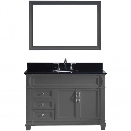 Victoria 48" Single Bathroom Vanity in Grey with Black Galaxy Granite Top and Round Sink with Mirror