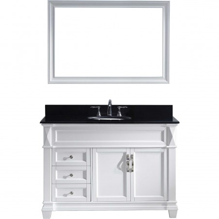 Victoria 48" Single Bathroom Vanity in White with Black Galaxy Granite Top and Round Sink with Mirror