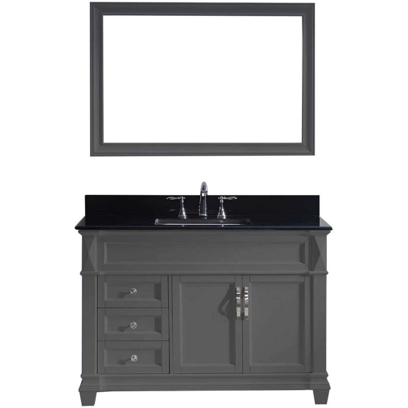 Victoria 48" Single Bathroom Vanity in Grey with Black Galaxy Granite Top and Square Sink with Mirror