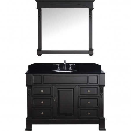 Huntshire Manor 48" Single Bathroom Vanity in Dark Walnut with Black Galaxy Granite Top and Round Sink with Mirror