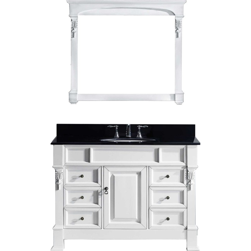 Huntshire Manor 48" Single Bathroom Vanity in White with Black Galaxy Granite Top and Round Sink with Mirror