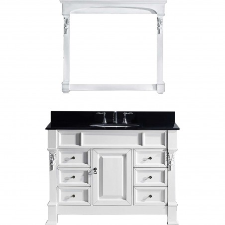 Huntshire Manor 48" Single Bathroom Vanity in White with Black Galaxy Granite Top and Round Sink with Mirror