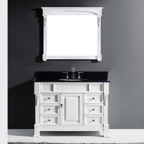 Huntshire Manor 48" Single Bathroom Vanity in White with Black Galaxy Granite Top and Square Sink with Mirror