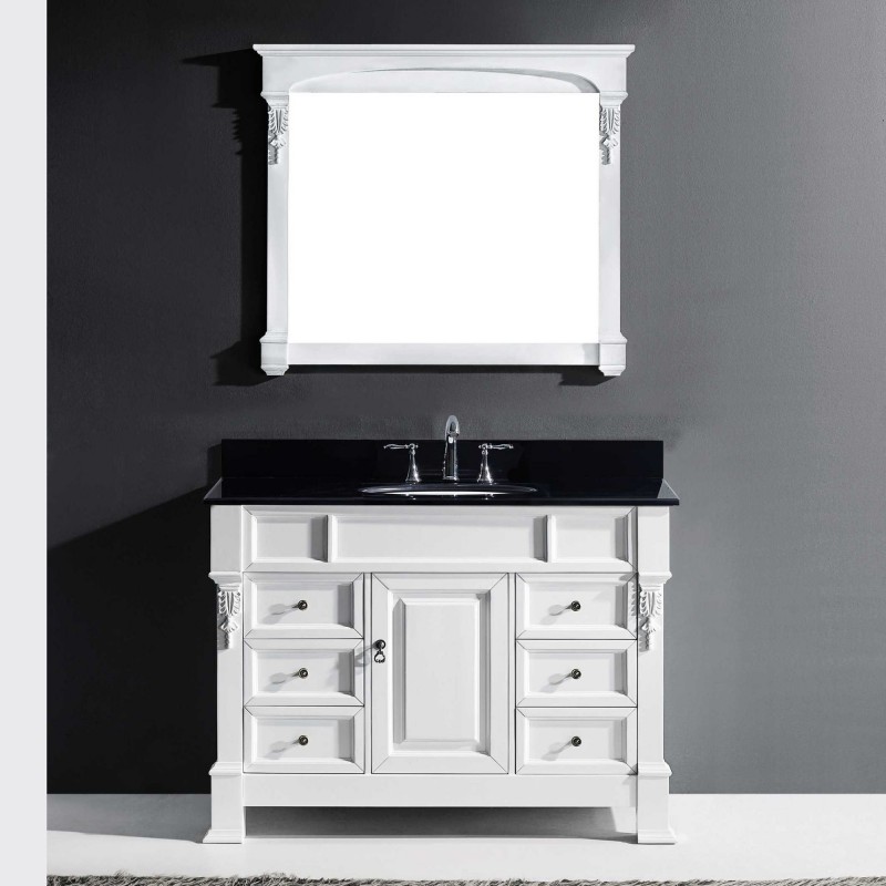 Huntshire Manor 48" Single Bathroom Vanity in White with Black Galaxy Granite Top and Square Sink with Mirror