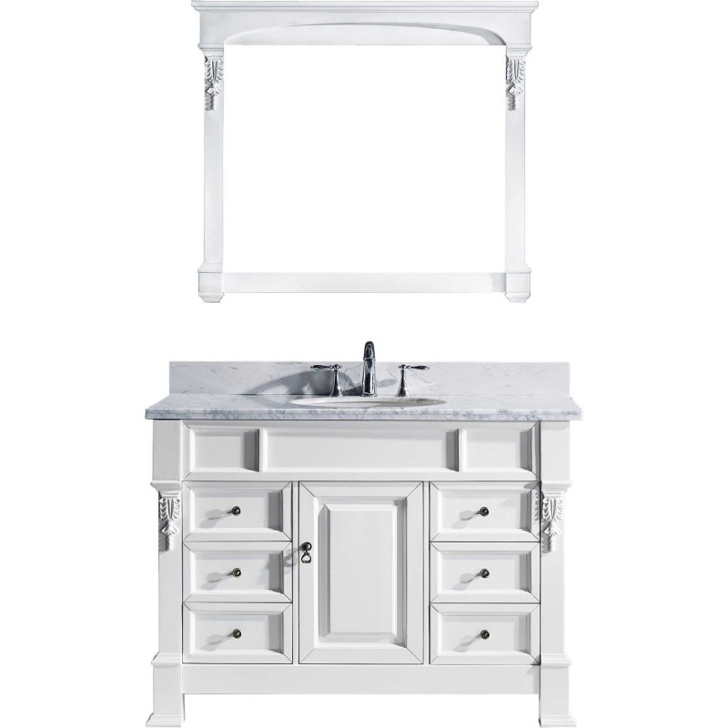 Huntshire Manor 48" Single Bathroom Vanity in White with Marble Top and Round Sink with Mirror