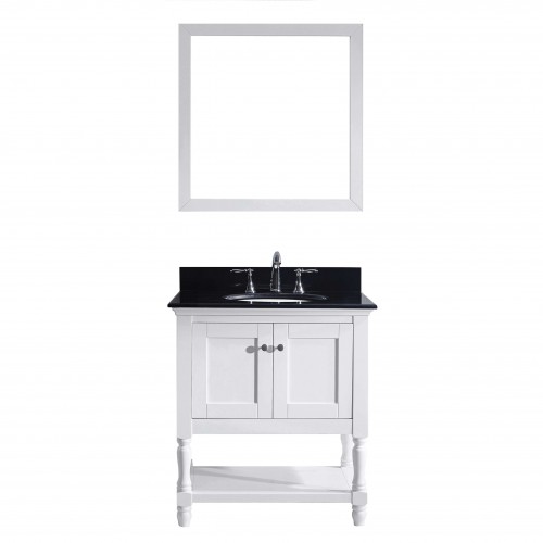 Julianna 32" Single Bathroom Vanity in White with Black Galaxy Granite Top and Round Sink with Mirror