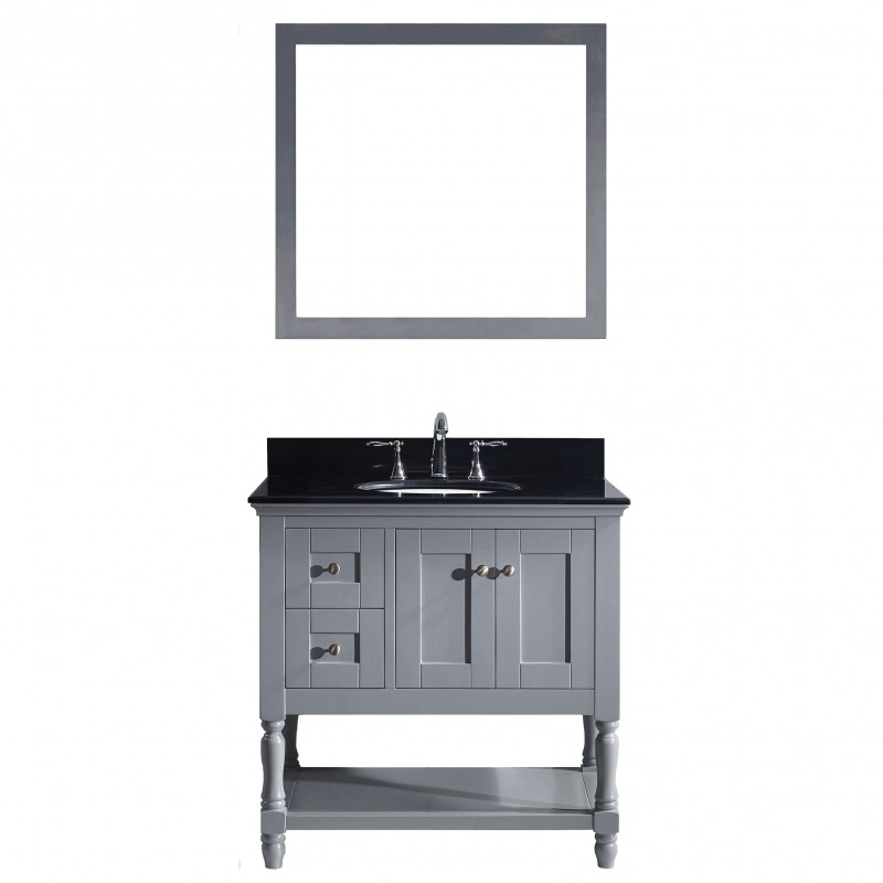 Julianna 36" Single Bathroom Vanity in Grey with Black Galaxy Granite Top and Round Sink with Mirror