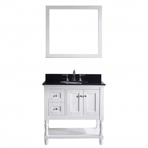 Julianna 36" Single Bathroom Vanity in White with Black Galaxy Granite Top and Round Sink with Mirror