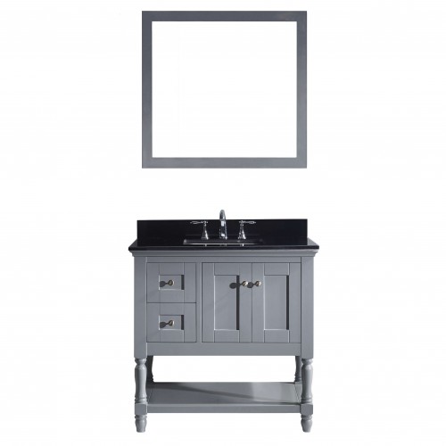 Julianna 36" Single Bathroom Vanity in Grey with Black Galaxy Granite Top and Square Sink with Mirror