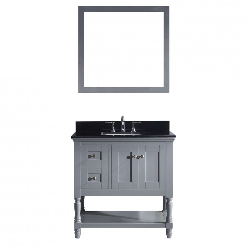 Julianna 36" Single Bathroom Vanity in Grey with Black Galaxy Granite Top and Square Sink with Mirror