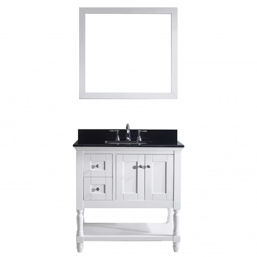Julianna 36" Single Bathroom Vanity in White with Black Galaxy Granite Top and Square Sink with Mirror