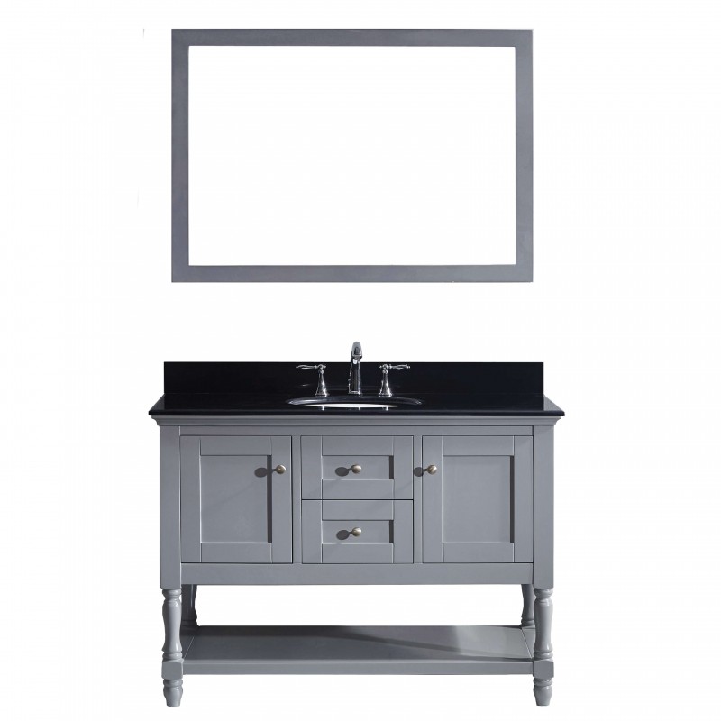 Julianna 48" Single Bathroom Vanity in Grey with Black Galaxy Granite Top and Round Sink with Mirror