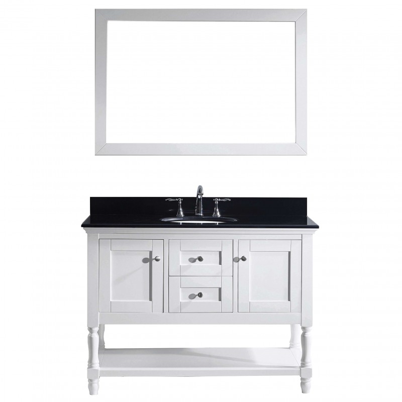 Julianna 48" Single Bathroom Vanity in White with Black Galaxy Granite Top and Round Sink with Mirror