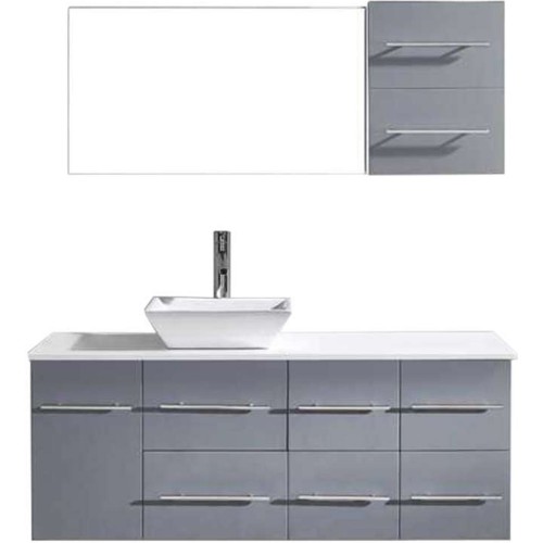 Ceanna 55" Single Bathroom Vanity in Grey with White Engineered Stone Top and Square Sink with Polished Chrome Faucet and Mirror
