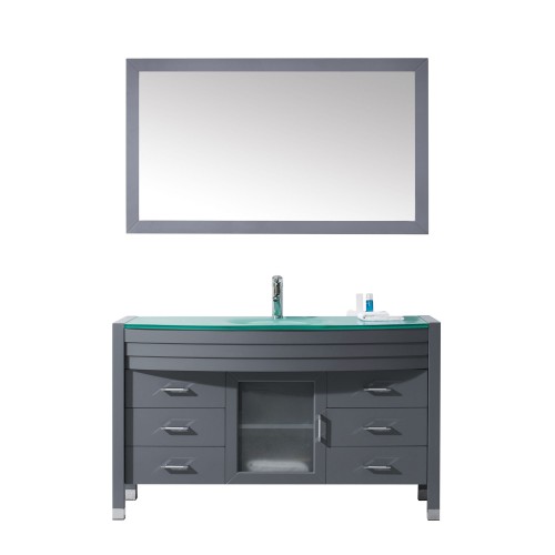 Ava 55" Single Bathroom Vanity in Grey with Aqua Tempered Glass Top and  Sink with Polished Chrome Faucet and Mirror