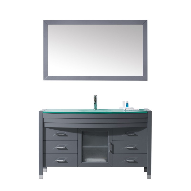 Ava 55" Single Bathroom Vanity in Grey with Aqua Tempered Glass Top and  Sink with Polished Chrome Faucet and Mirror