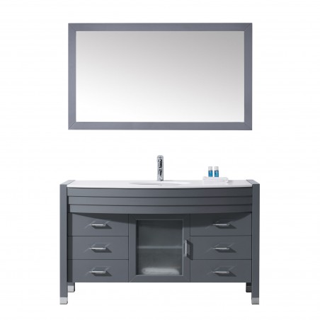 Ava 55" Single Bathroom Vanity in Grey with White Engineered Stone Top and Round Sink with Polished Chrome Faucet and Mirror