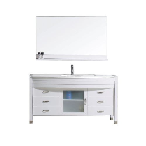 Ava 55" Single Bathroom Vanity in White with White Engineered Stone Top and Round Sink with Polished Chrome Faucet and Mirror