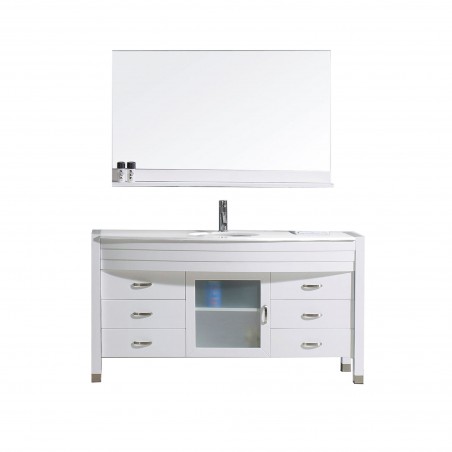 Ava 55" Single Bathroom Vanity in White with White Engineered Stone Top and Round Sink with Polished Chrome Faucet and Mirror