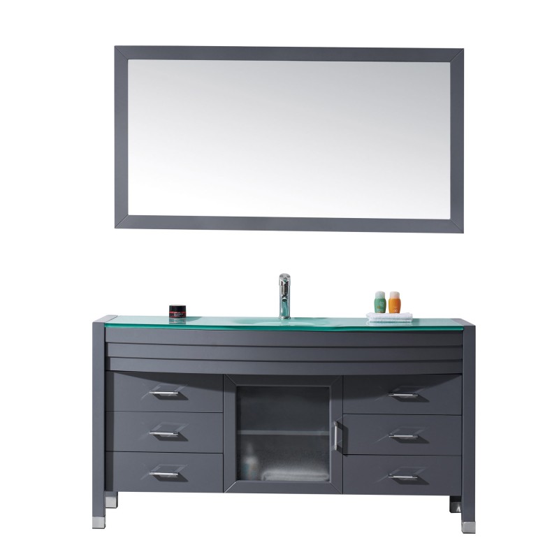 Ava 61" Single Bathroom Vanity in Grey with Aqua Tempered Glass Top and  Sink with Polished Chrome Faucet and Mirror