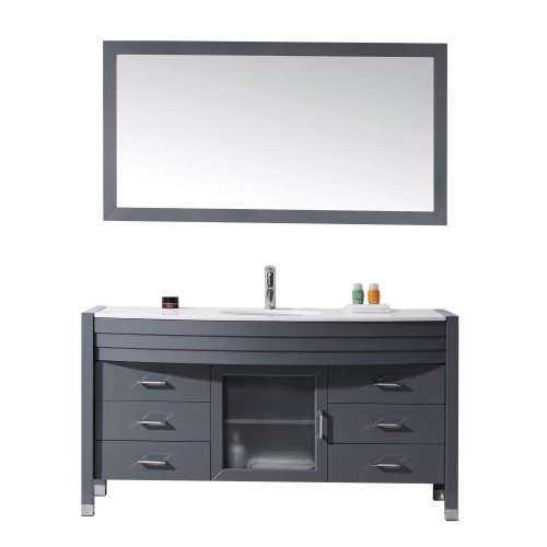 Ava 61" Single Bathroom Vanity in Grey with White Engineered Stone Top and Round Sink with Polished Chrome Faucet and Mirror
