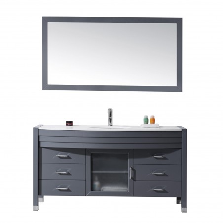 Ava 61" Single Bathroom Vanity in Grey with White Engineered Stone Top and Round Sink with Polished Chrome Faucet and Mirror