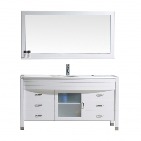 Ava 61" Single Bathroom Vanity in White with White Engineered Stone Top and Round Sink with Polished Chrome Faucet and Mirror