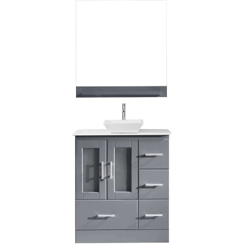 Zola 30" Single Bathroom Vanity in Grey with White Engineered Stone Top and Square Sink with Polished Chrome Faucet and Mirror