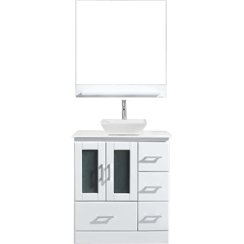 Zola 30" Single Bathroom Vanity in White with White Engineered Stone Top and Square Sink with Polished Chrome Faucet and Mirror