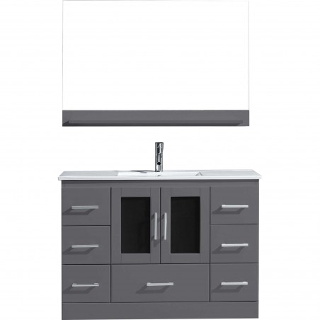 Zola 48" Single Bathroom Vanity in Grey with Slim White Ceramic Top and Square Sink with Polished Chrome Faucet and Mirror