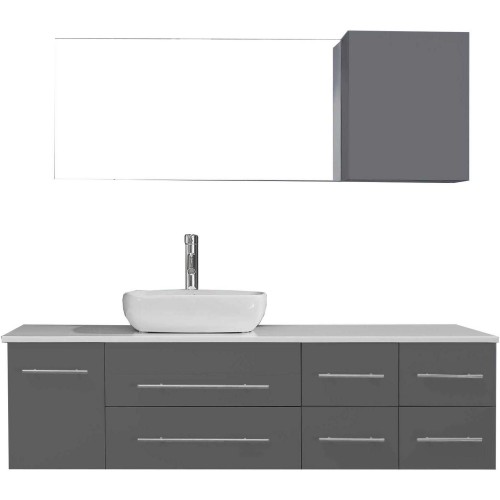 Justine 59" Single Bathroom Vanity in Grey with White Engineered Stone Top and Square Sink with Polished Chrome Faucet and Mirro