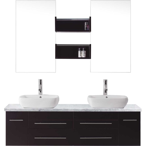 Augustine 59" Double Bathroom Vanity in Espresso with Marble Top and Square Sink with Polished Chrome Faucet and Mirrors
